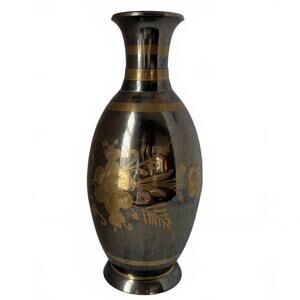 Vintage etched brass vase with floral motifs and gold-tone bands.